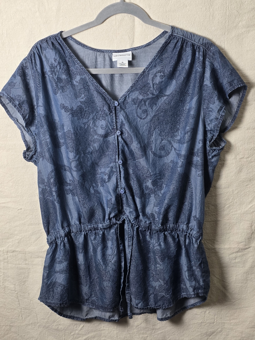 Liz Claiborne Blue Floral V-Neck Button Front Peplum Blouse